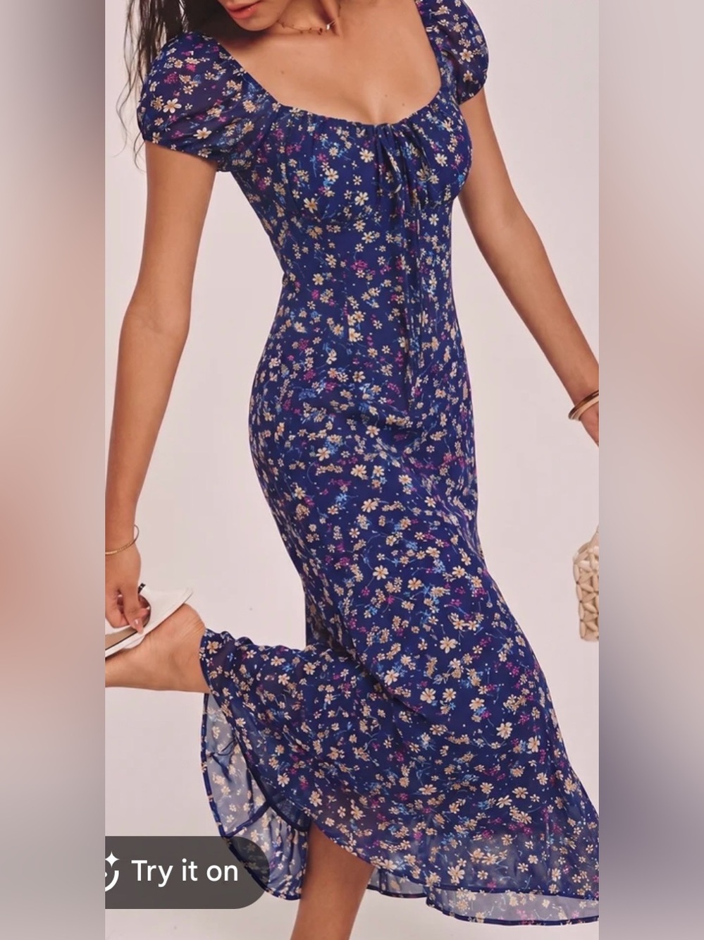 NWT- Commense Navy Floral Midi Dress with Tie-Neck